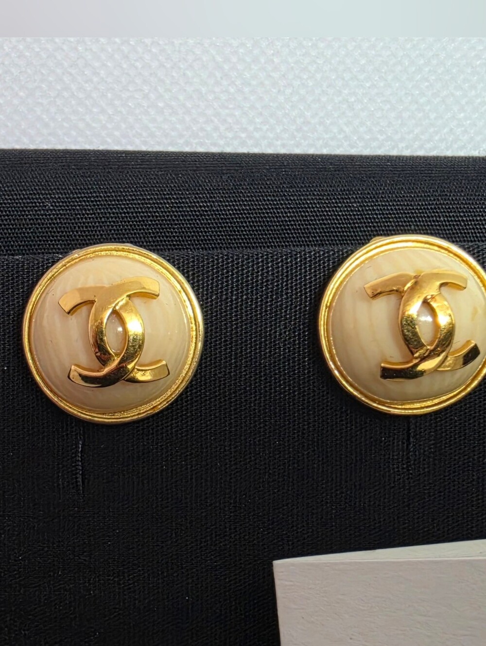 Authentic CHANEL Gold Plated CC Logos Beige  Clip Earrings